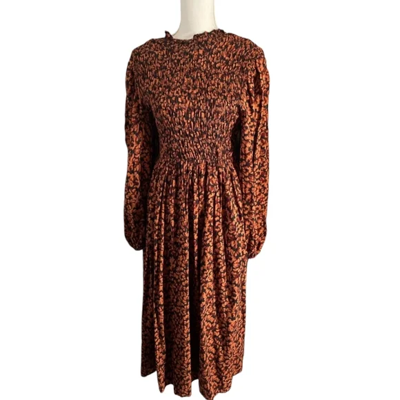 Smocked 3/4 Sleeve Black & Brown Prairie Midi Dress EUC Size S